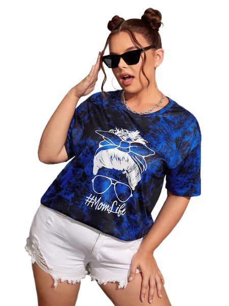 

plus 1pc tie dye letter & figure graphic drop shoulder tee z2hw#, Black