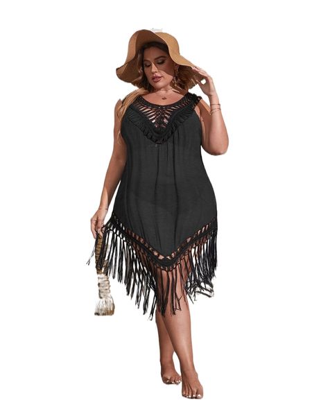 

plus hollow out fringe hem cover up dress without bikini q2x3#, Black