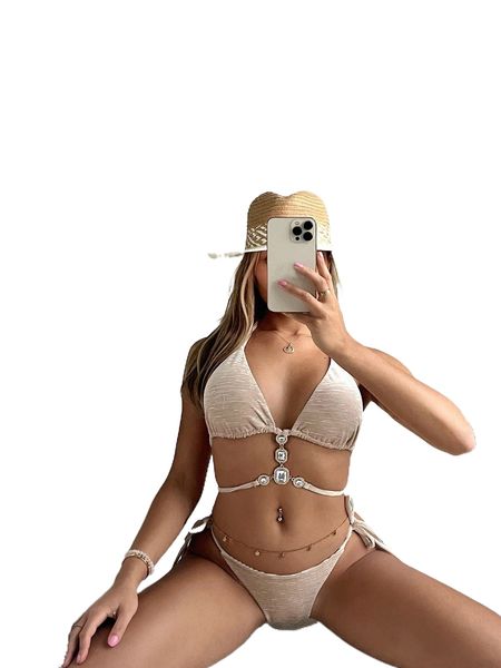 

gem decor halter triangle bikini swimsuit p554#, White;black