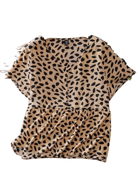 

plus allover print fake buttons peplum blouse 70px#, Black