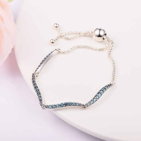 Neue 100 % 925 Sterling Silber blaue gewellte Slider-Armbänder für Frauen passen Pandora Charms Perlen Schmuck DIY hochwertiger Schmuck Geburtstagsgeschenke für Damen 599436C01