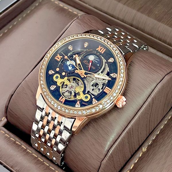 

popular full-automatic mechanical watch sun moon phase men's steel band diamond inlaid watch, Slivery;brown