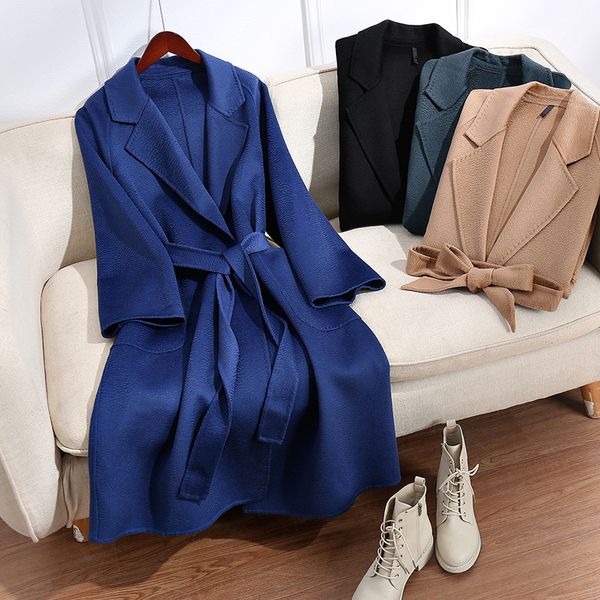

women's wool & blends autumn and winter temperament, commuting fashion, medium long section, solid color straight barrel, versatile hma, Black