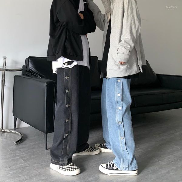 

men's jeans denim side button plus-size straight slacks high street black cargo wide-leg, Blue