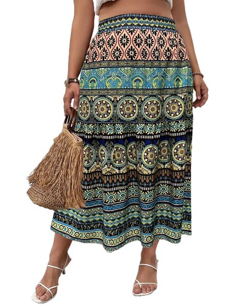 

plus floral print high waist skirt i40y#, Black