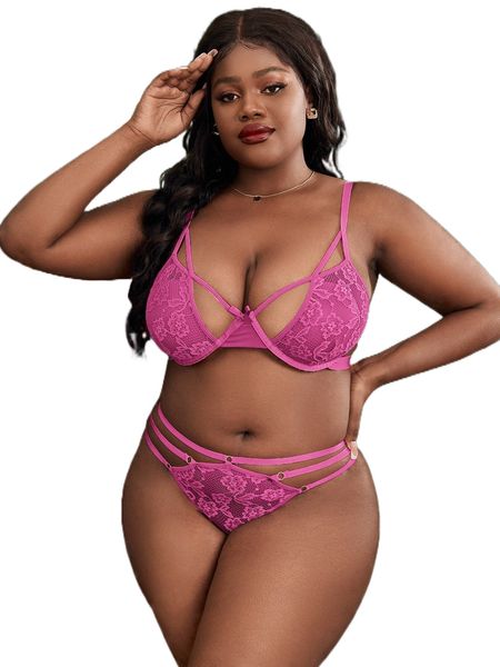 

plus floral lace cut out underwire lingerie set y6oj#, Black;white