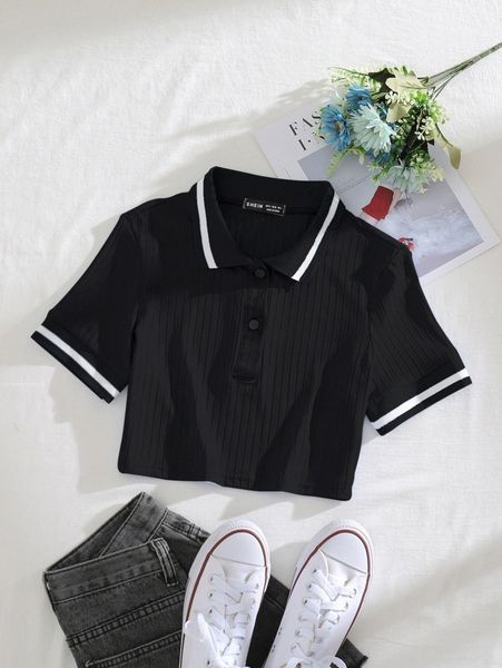 

polo collar rib-knit tee 38jo#, White