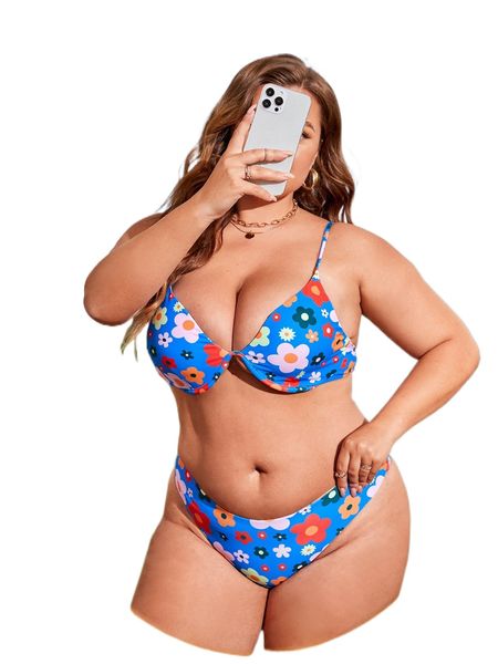 

plus floral print underwire bikini swimsuit b1sb#, White;black