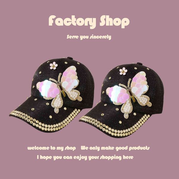 

korean fashion sequin butterfly baseball cap women's trend sun shading wide brim hip hop cap black hat, Blue;gray
