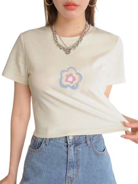 

dazy floral print round neck tee g7ir#, White
