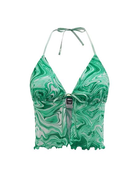 

marble print lettuce trim knot front mesh halter f2sq#, White