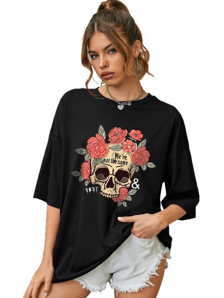 

floral and skull print drop shoulder tee 18pa#, White
