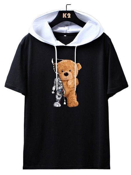 

men bear print drawstring hooded tee m6nd#, White;black
