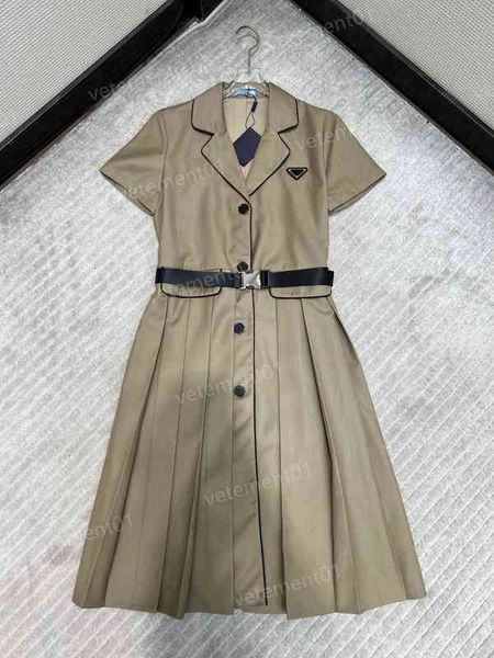 

women's designer dress p..da early autumn color contrast short sleeve dress luxury ladies casual dresses with classic triangle logo on, Black;gray