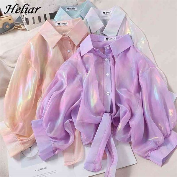 

heliar spring women shining sparkles blouse shirt with buttons half sleeve chiffon shirts transparent blouses for women 210326, White
