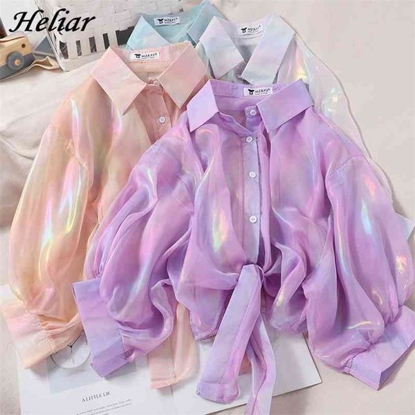 HELIAR Frühling Frauen Glänzende Funkeln Bluse Hemd Mit Knöpfen Halbe Hülse Chiffon Shirts Transparent Sexy Blusen Für Frauen 210326