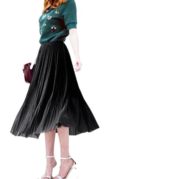 

high waist skirt women fashion skirts elastic pleated maxi beach boho simple casual vintage solid mujer falda k57f#, Black