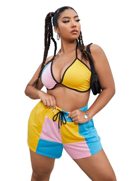 

plus color-block tie backless halter & drawstring waist shorts o1l5#, Black