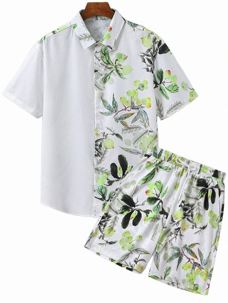 

men random fruit print shirt & drawstring waist shorts r8ig#, Gray