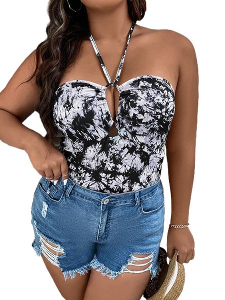 

plus tie dye cut out tie backless halter bodysuit s7bh#, Black