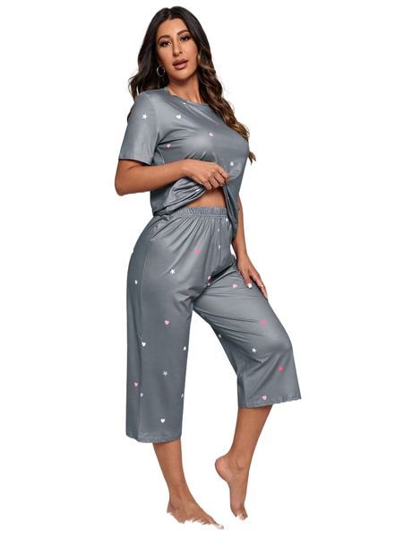 

star & heart print tee & pants pj set f43n#, Black;red