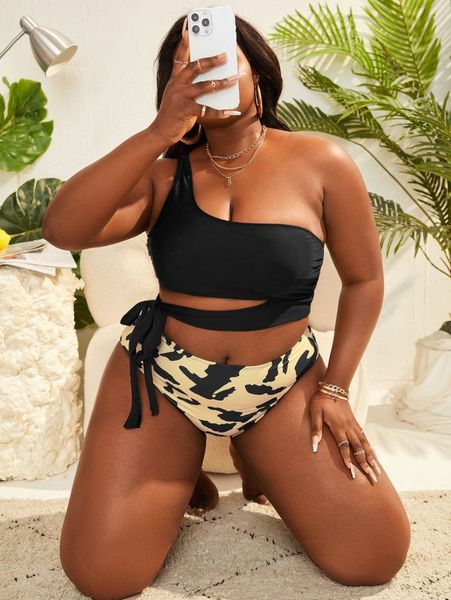 

plus allover print knot side bikini swimsuit l3mp#, White;black