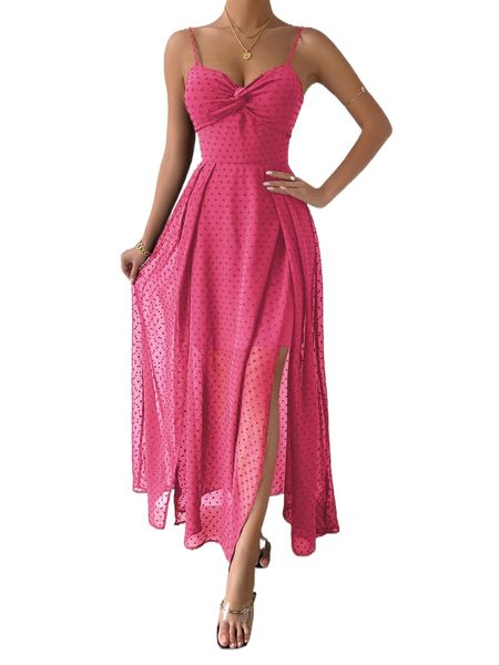 

swiss dot twist front tie backless wrap cami dress without belt b3dh#, Black;gray