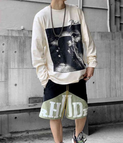 

high street rhude letter printed two-color splicing drawstring casual loose summer shorts, White;black