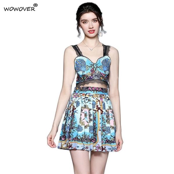 

fashion summer holiday beach dress 2 piece set women vintage print strapless tank crop with pleated skirt suit party outfit 220318, White