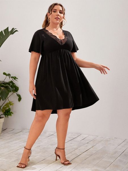 

plus lace detail flounce sleeve dress z2lp#, Black