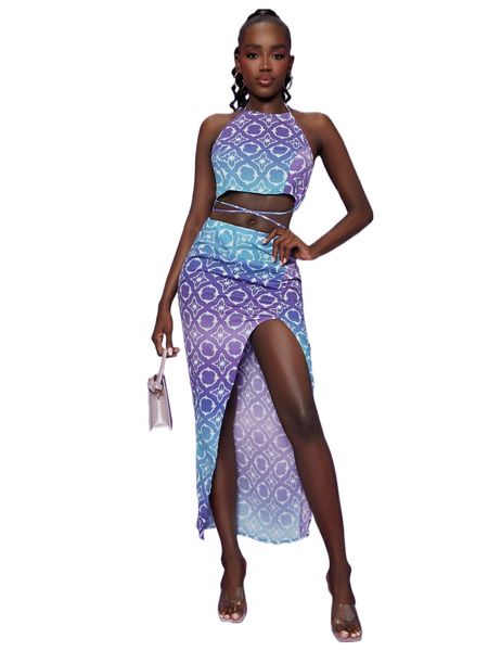 

newness damask print backless crop halter & split thigh skirt w2gn#, White