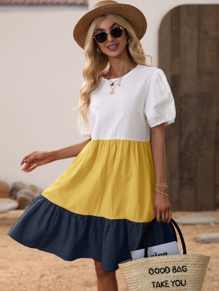 

cut and sew puff sleeve smock dress 25p6#, Black;gray