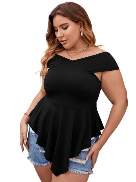 

plus wrap cross peplum tee n2vu#, Black