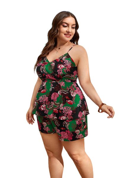 

plus coral & fish print peplum cami & shorts l860#, Black
