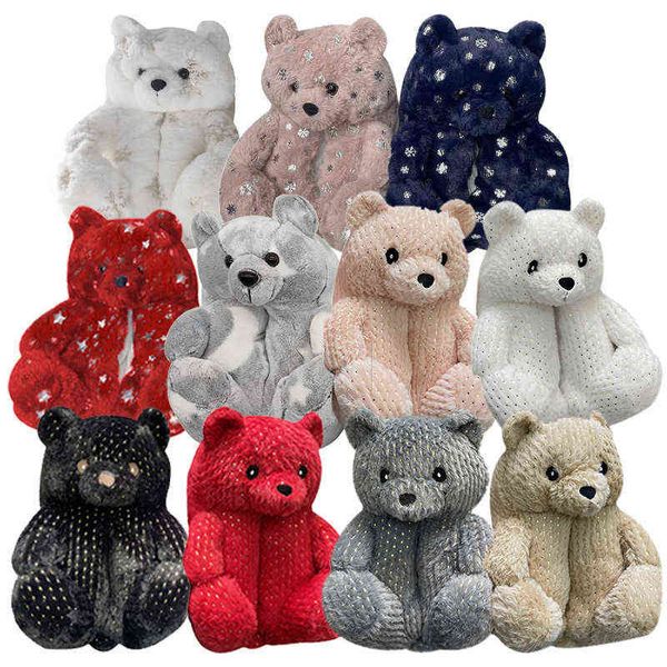 

teddy bear women christmas plus cartoon cute bear house slipper furry faux fur slides woman furry flip flop shoes y220728, Black