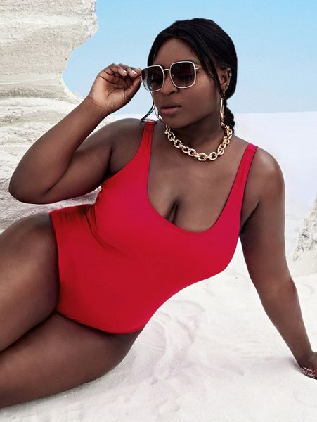 

plus scoop neck one piece swimsuit 89ub#, White;black