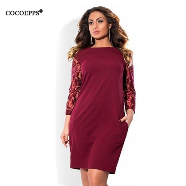 

5xl 6xl lace patchwork dresses autumn winter dress big size office female dress plus size women clothing black red vestidos y200102, White;black