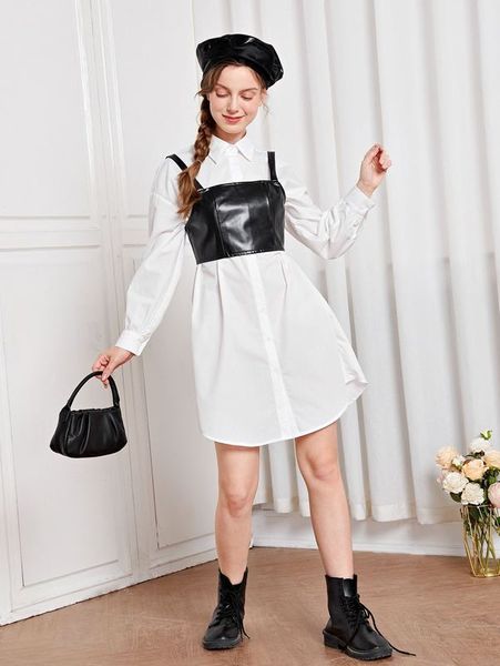 

teen girls single breasted shirt dress with pu leather camisole she, White