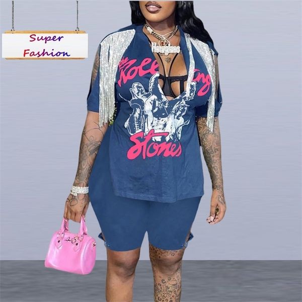 

xl5xl plus size two piece set clothing summer deep v neck tassel printing fork fashion short suits wholesale 220713, Black