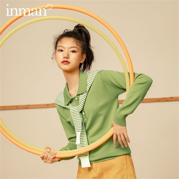 

inman autumn winter arrival literary korean style lapel shawl contrast color striped rib cuff pullover women sweater 201222, White;black