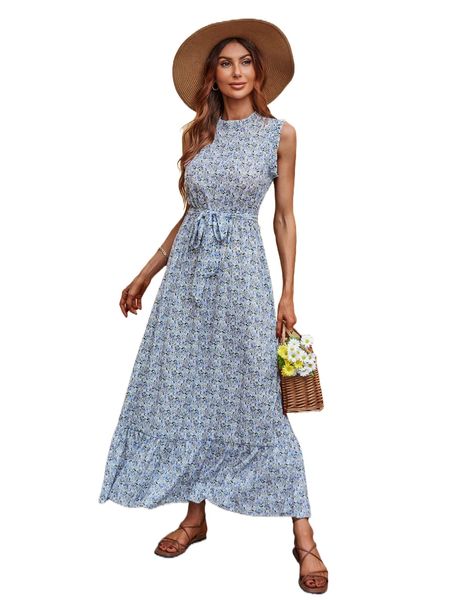 

ditsy floral ruffle hem belted dress 10t2#, Black;gray