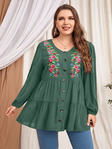 

plus floral embroidery button front peplum blouse e5qe#, Black