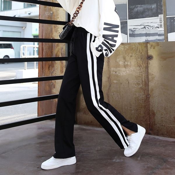 

summer split trousers loose wide leg casual black pants xl thin womens trousers joggers pant sweatpants y200418, Black;white