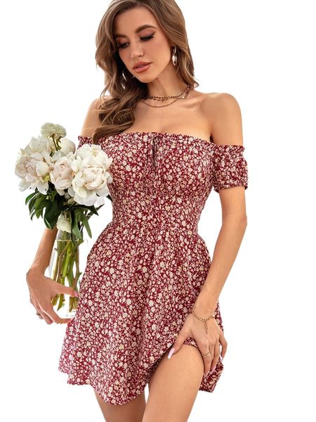 

ditsy floral frilled off shoulder tie front dress 39ef#, Black;gray