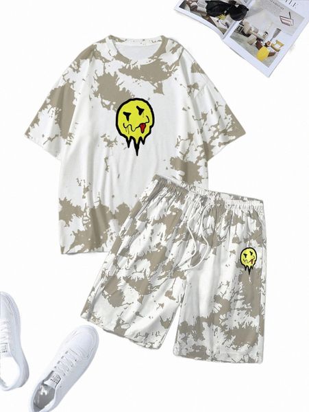 

men tie dye cartoon graphic tee & shorts b2d7#, Gray