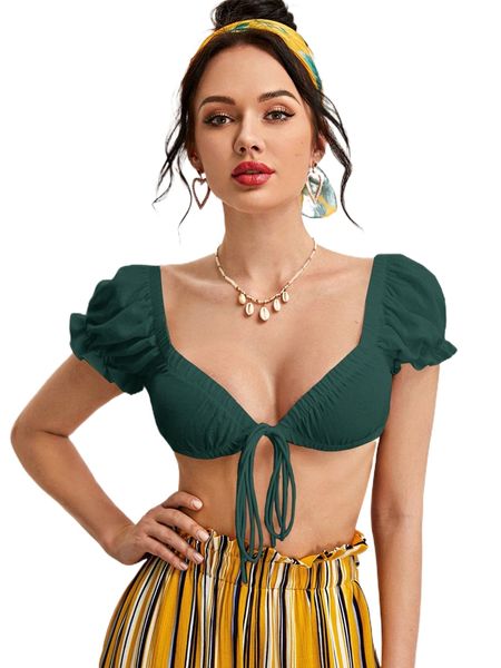 

tie front solid crop milkmaid o5fr#, White