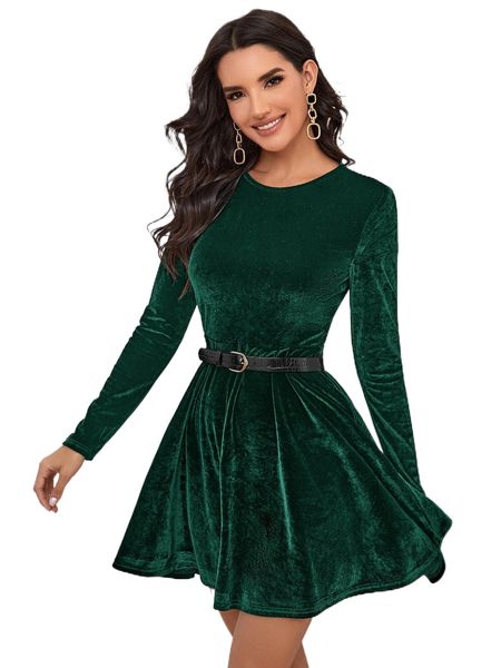 

solid zip back velvet dress without belt b2jm#, Black;gray