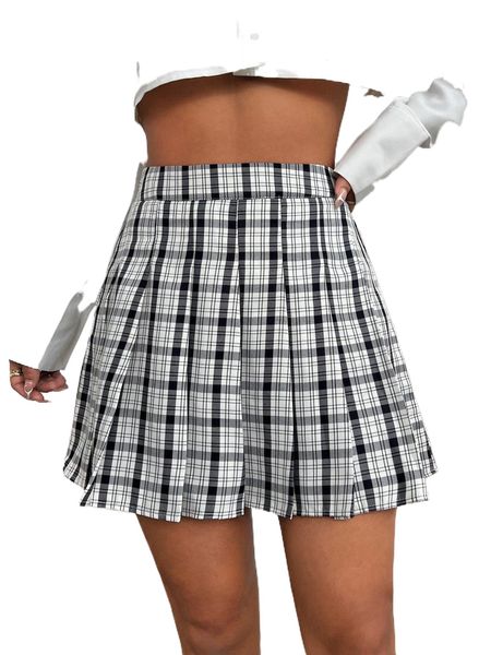 

plaid pleated skirt l6mx#, Black