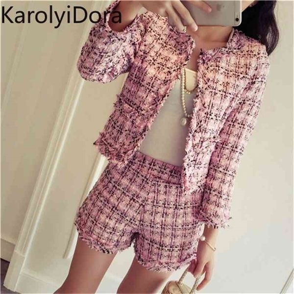 

women's suit spring tweed 2 piece set women slim plaid short set fashion fringed trim jacket coat tassels short suit 210331, Gray