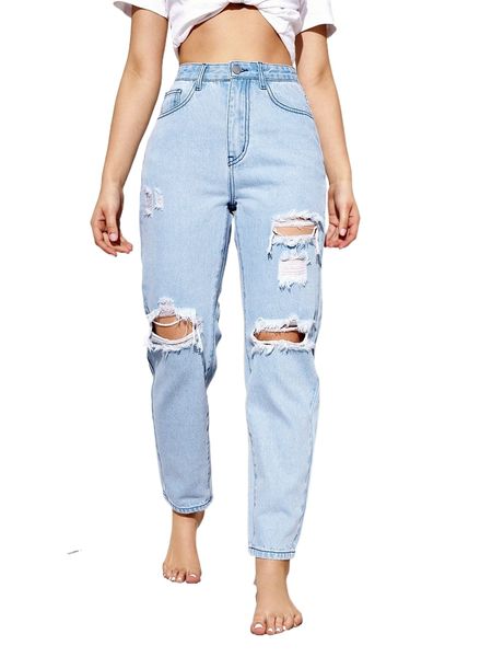 

high waist ripped mom fit jeans 67hh#, Blue